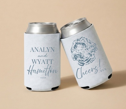 Light gray personalized wedding can coolers featuring elegant typography, a custom dog portrait, couple names, and wedding date.