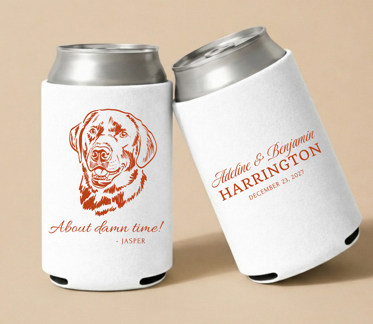 White personalized wedding can coolers featuring a custom dog portrait, funny pet quote, couple names, and wedding date.
