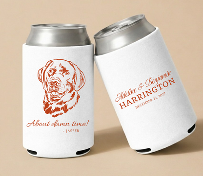 White personalized wedding can coolers featuring a custom dog portrait, funny pet quote, couple names, and wedding date.
