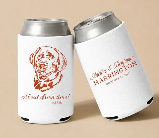 White personalized wedding can coolers featuring a custom dog portrait, funny pet quote, couple names, and wedding date.