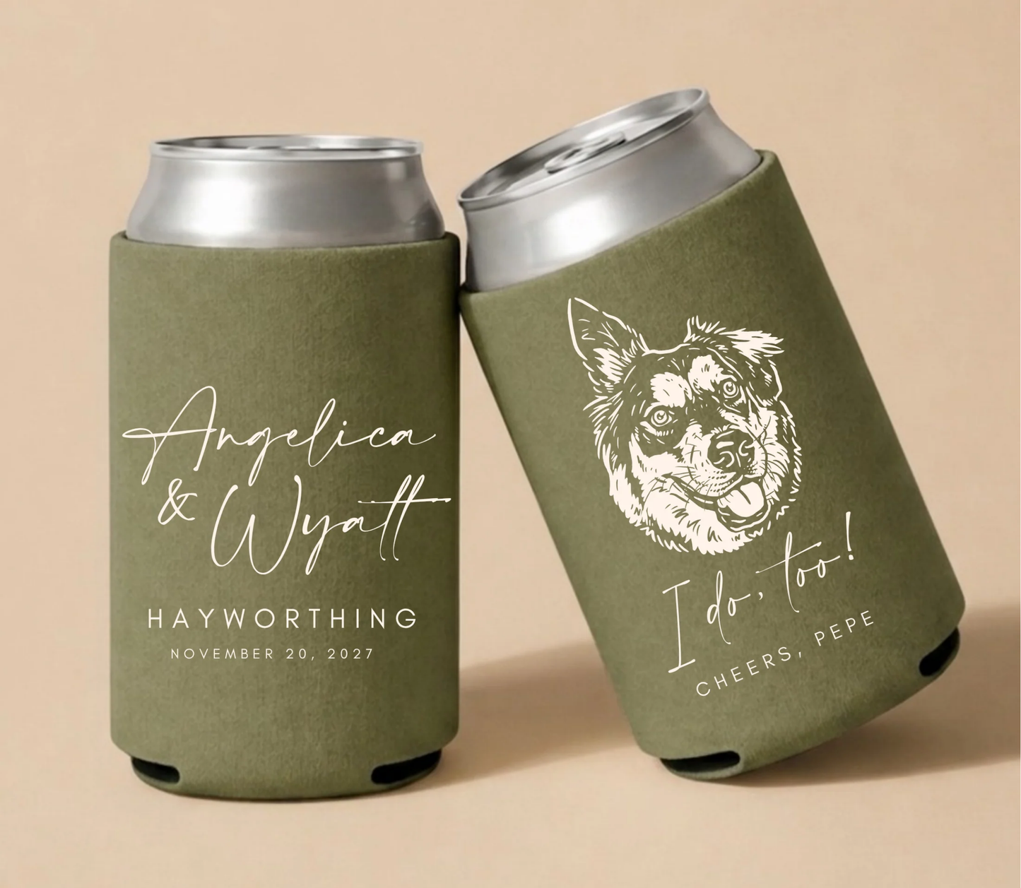 Olive green personalized wedding can coolers featuring a custom dog portrait, elegant handwritten names, and wedding date.