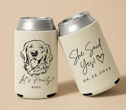 Cream personalized wedding can coolers featuring a custom dog portrait, Let's Pawty design, handwritten wedding message, and wedding date.