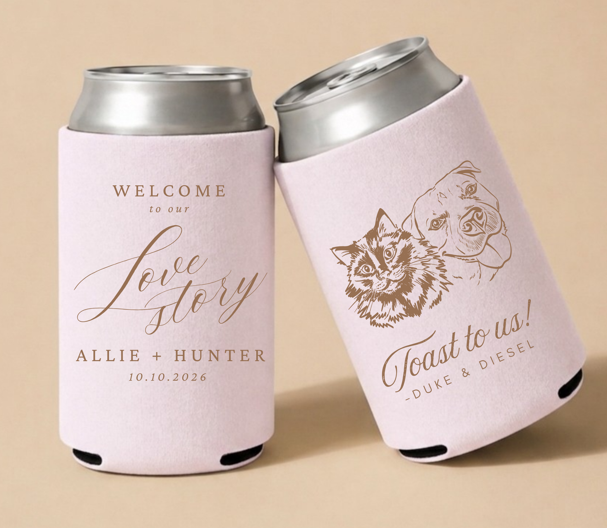 Blush personalized wedding can coolers featuring custom dog and cat portraits, couple names, and wedding date.