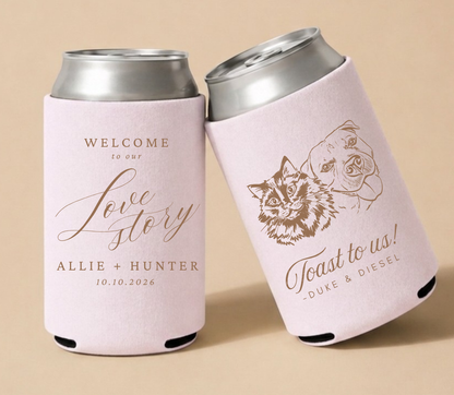 Blush personalized wedding can coolers featuring custom dog and cat portraits, couple names, and wedding date.