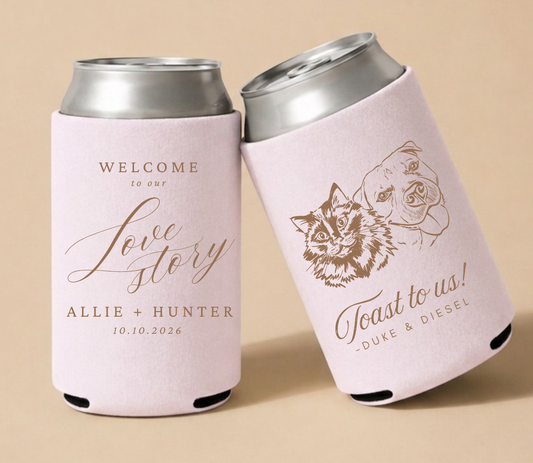 Blush personalized wedding can coolers featuring custom dog and cat portraits, couple names, and wedding date.