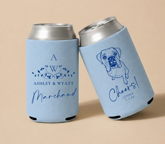 Light blue personalized wedding can coolers featuring a custom dog portrait, elegant monogram, couple names, and wedding date.