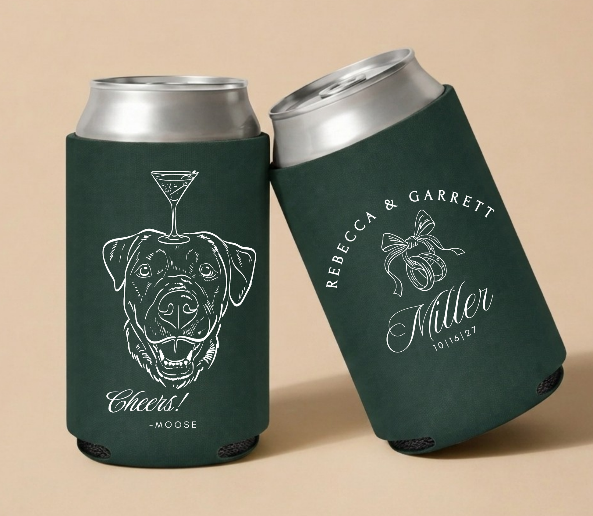 Dark green personalized wedding can coolers featuring a custom dog portrait, cocktail illustration, couple names, and wedding date.