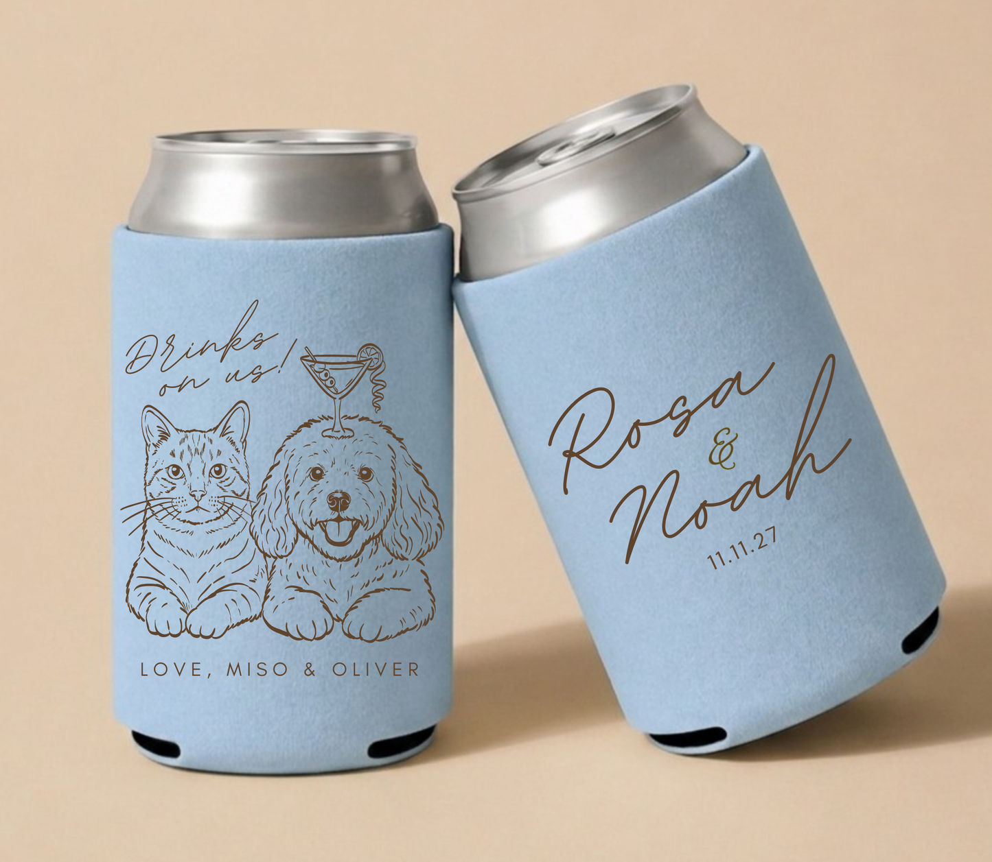 Blue personalized wedding can coolers featuring custom cat and dog portraits, couple names, and wedding date.