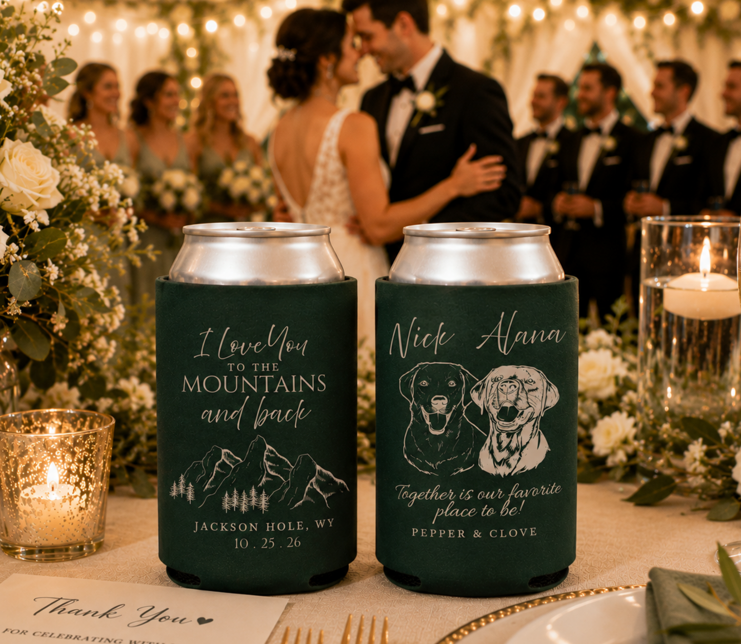 Custom mountain wedding can cooler with dog portrait