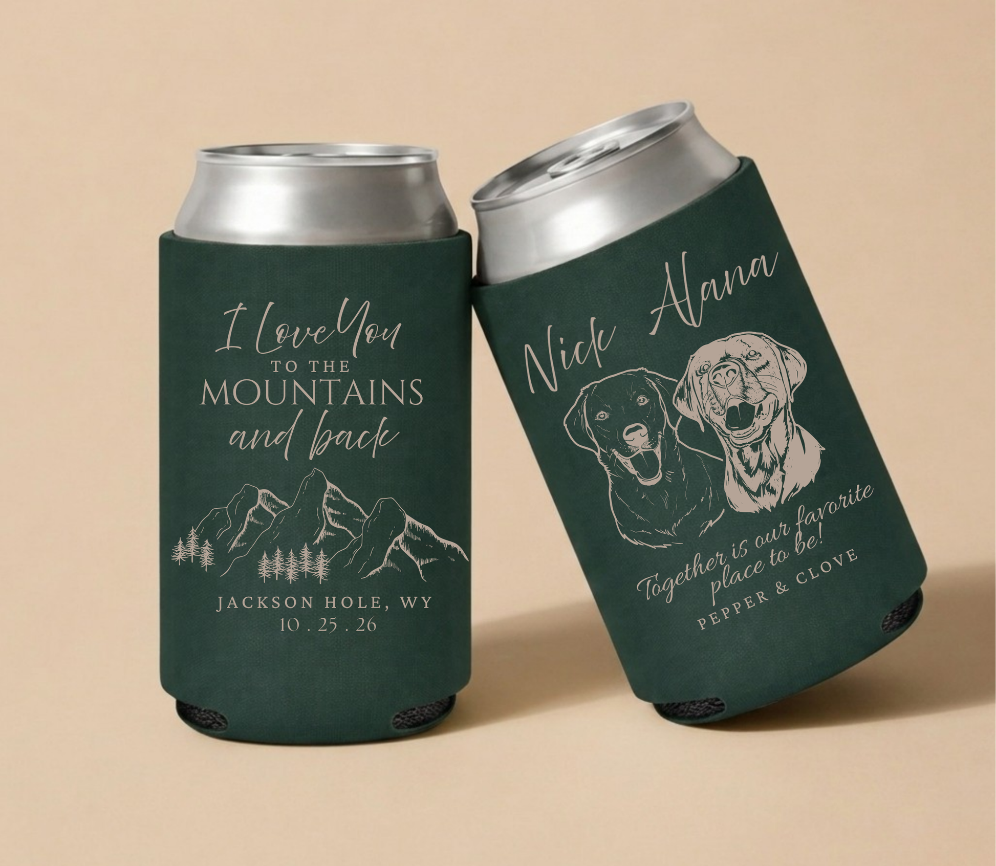 Forest green personalized wedding can coolers featuring scenic mountain artwork, custom dog portraits, couple names, wedding location, and wedding date.