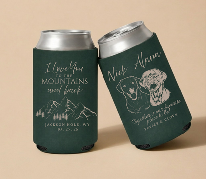 Forest green personalized wedding can coolers featuring scenic mountain artwork, custom dog portraits, couple names, wedding location, and wedding date.