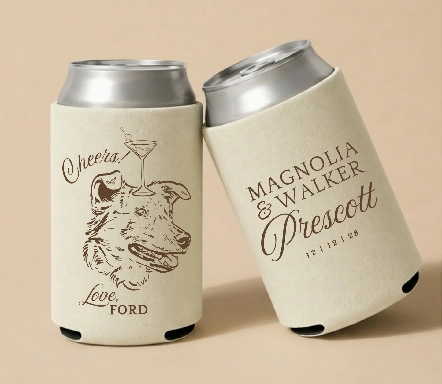 Ivory personalized wedding can coolers featuring a custom dog portrait, Cheers design, couple names, and wedding date.