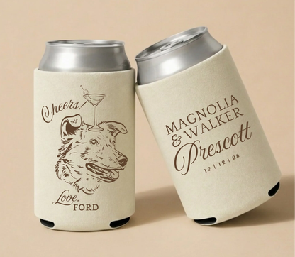 Ivory personalized wedding can coolers featuring a custom dog portrait, Cheers design, couple names, and wedding date.