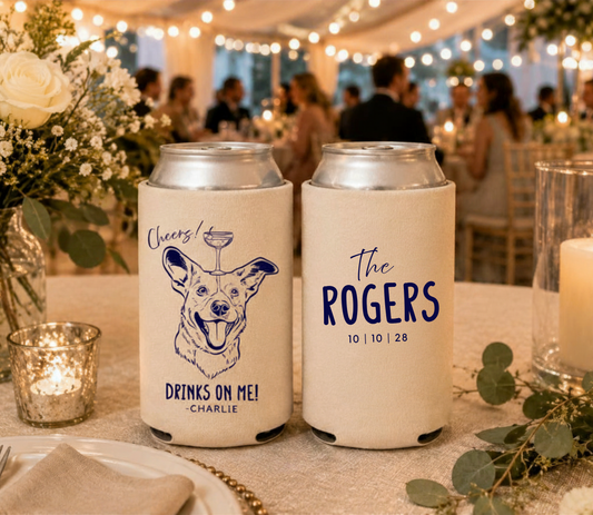 Custom dog portrait Drinks On Me can cooler