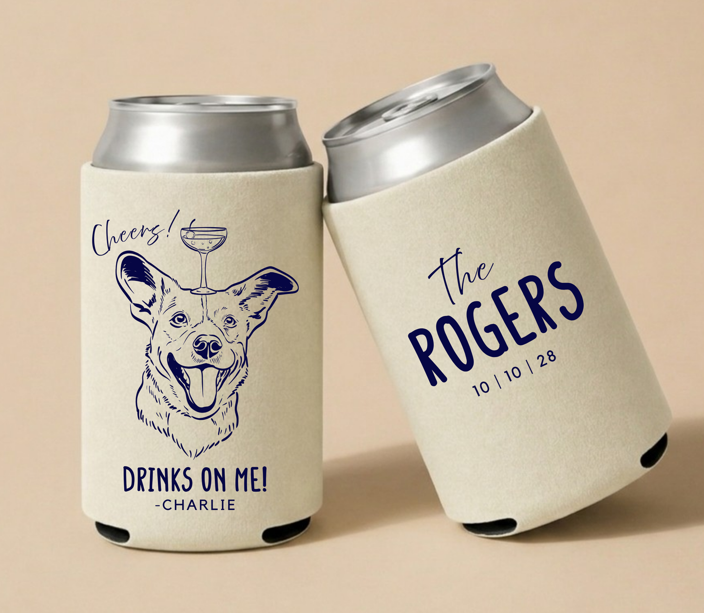 Beige personalized wedding can coolers featuring a custom dog portrait, Drinks On Me design, couple surname, and wedding date.