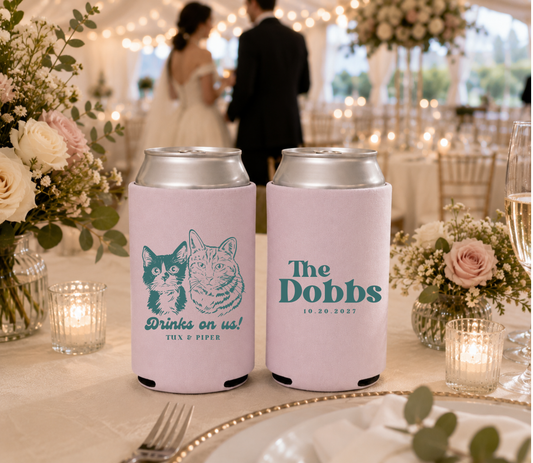 Custom cat portrait wedding can cooler