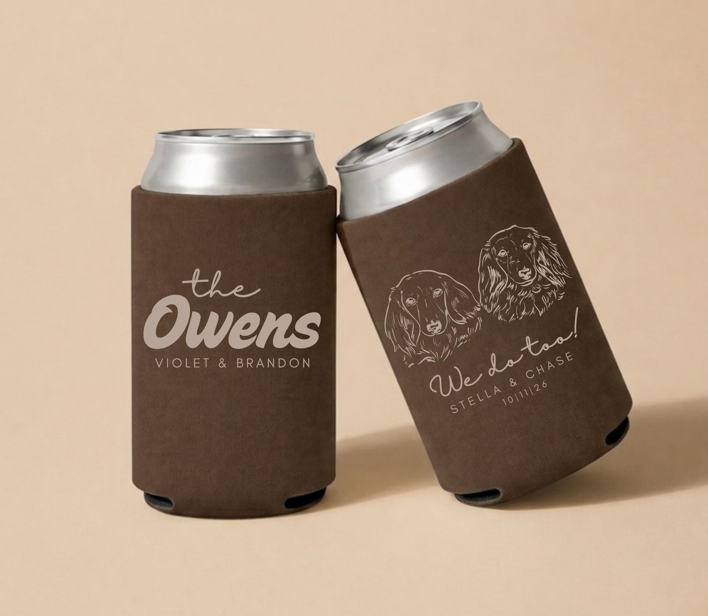 Brown personalized wedding can coolers featuring rustic typography, custom dog portraits, couple names, and wedding date.
