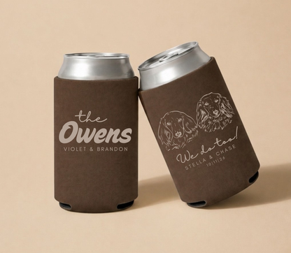 Brown personalized wedding can coolers featuring rustic typography, custom dog portraits, couple names, and wedding date.