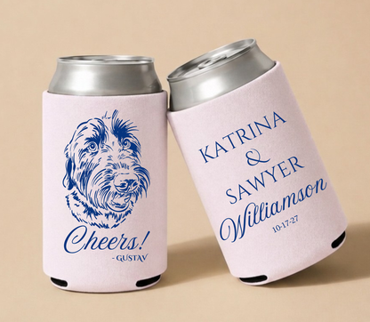Blush personalized wedding can coolers featuring a custom dog portrait, couple names, and wedding date.