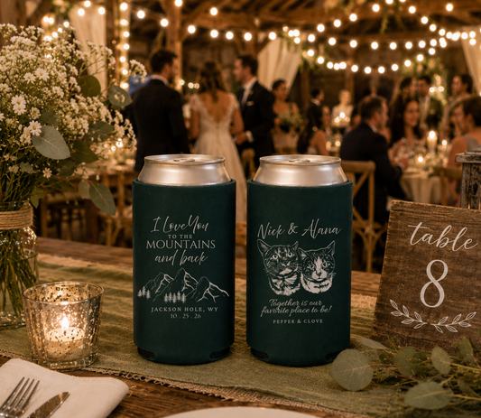 Custom mountain cat wedding can cooler