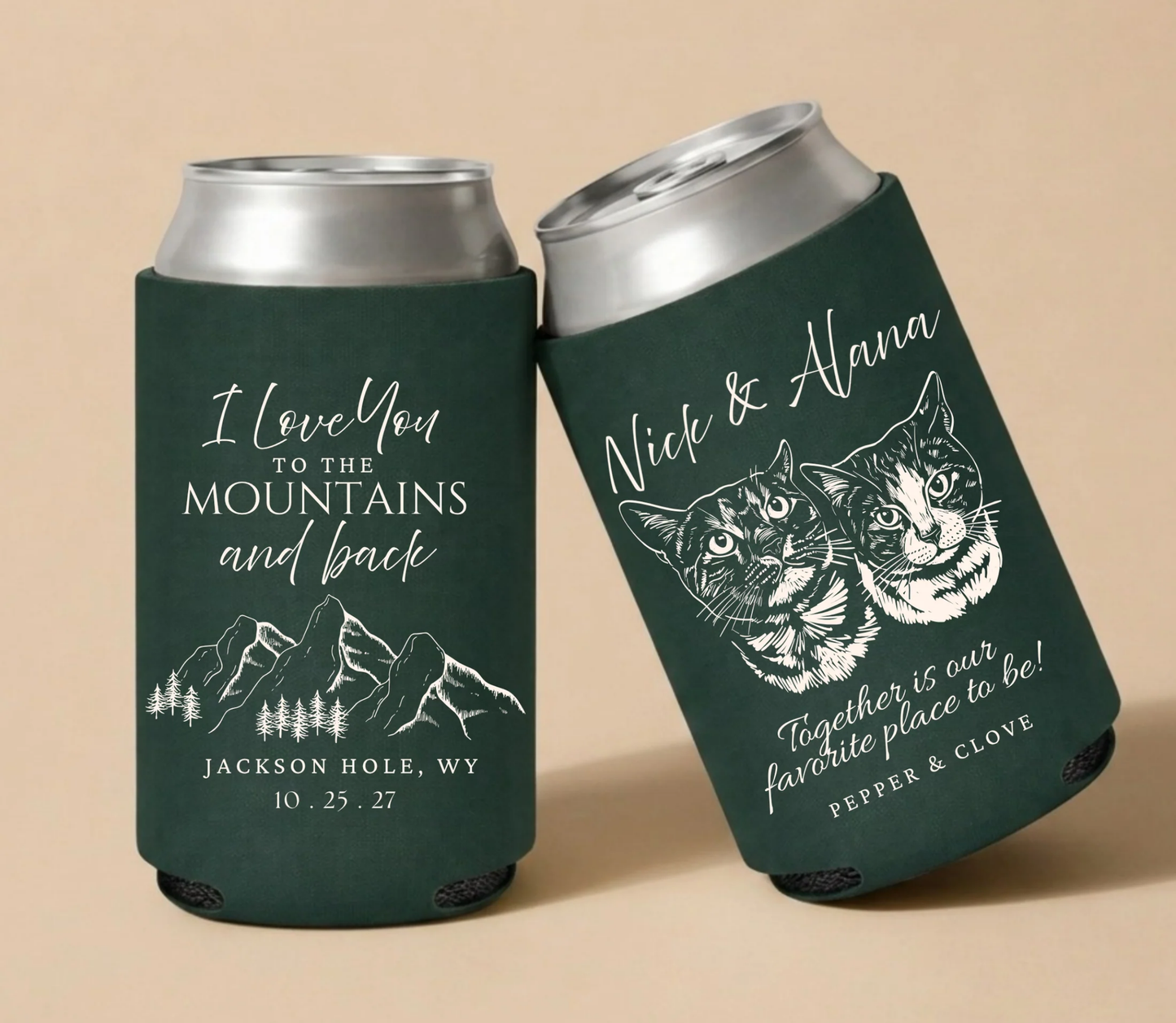 Dark green personalized wedding can coolers featuring custom cat portraits, mountain artwork, couple names, wedding location, and wedding date.