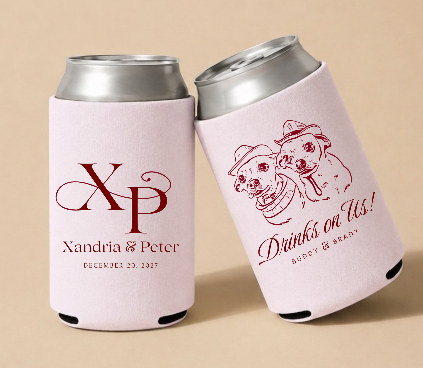 Blush personalized wedding can coolers featuring custom pet portraits, elegant monogram initials, couple names, and wedding date.