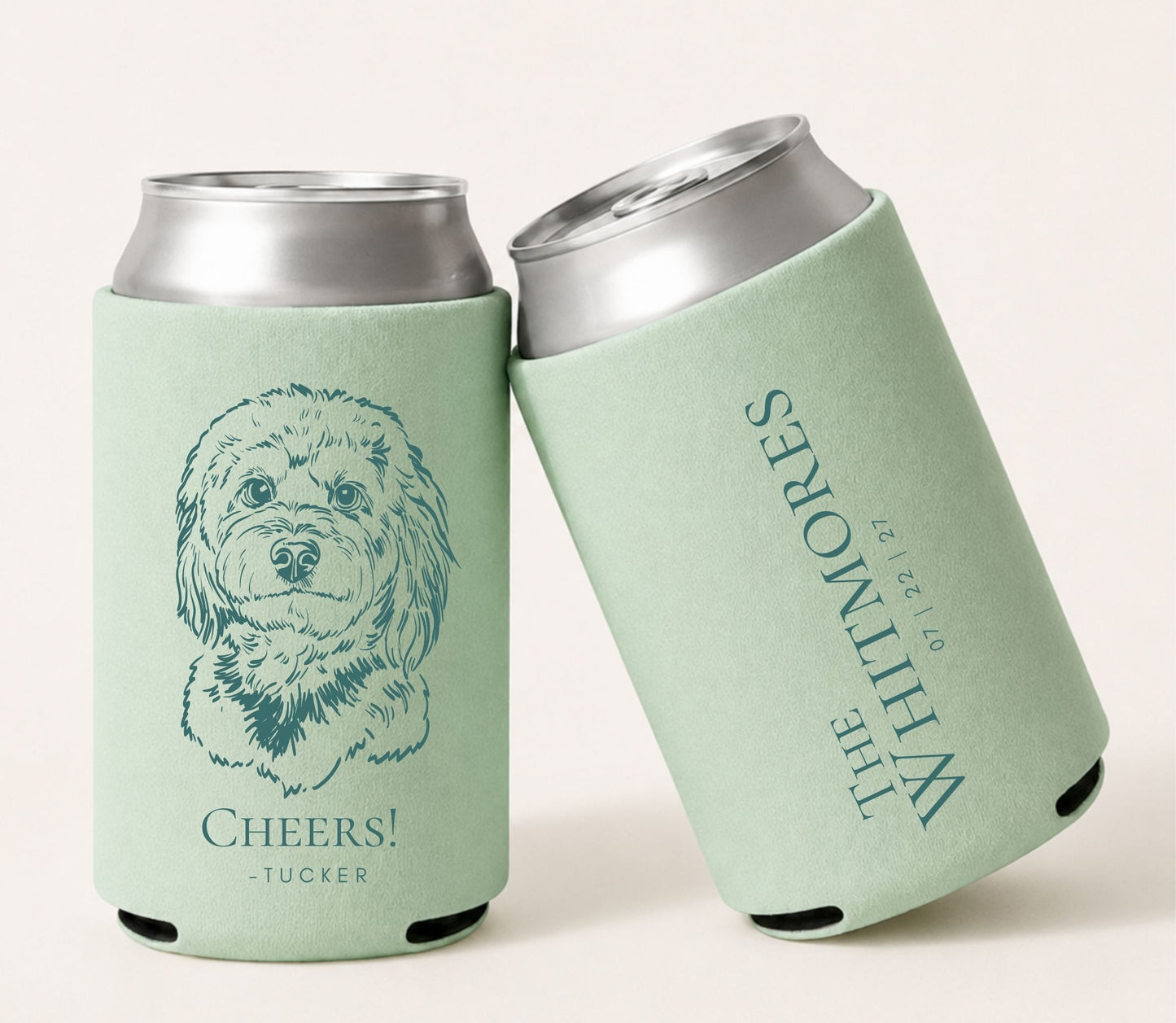 Sage green personalized foam wedding can coolers featuring a custom classic dog portrait, elegant typography, couple names, wedding date, and double-sided printing for a dog lover wedding.
Sage green custom dog portrait wedding can cooler with personalized names and wedding date.
Personalized classic dog illustration beer can sleeve for dog lover weddings.
Elegant dog portrait wedding can cooler featuring custom pet artwork and wedding personalization.
Foam wedding can cooler with a custom dog portrait 