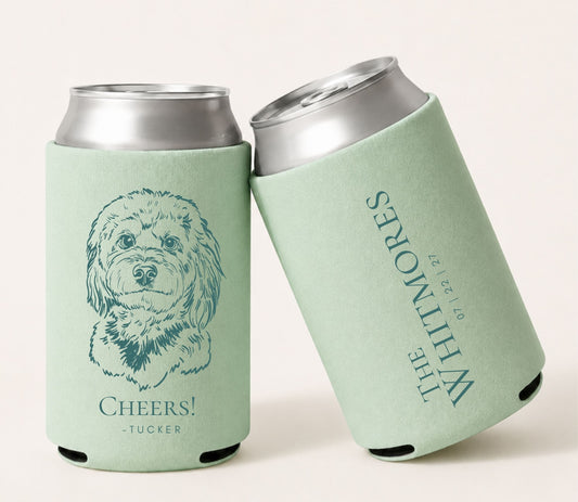 Sage green personalized foam wedding can coolers featuring a custom classic dog portrait, elegant typography, couple names, wedding date, and double-sided printing for a dog lover wedding.
Sage green custom dog portrait wedding can cooler with personalized names and wedding date.
Personalized classic dog illustration beer can sleeve for dog lover weddings.
Elegant dog portrait wedding can cooler featuring custom pet artwork and wedding personalization.
Foam wedding can cooler with a custom dog portrait 
