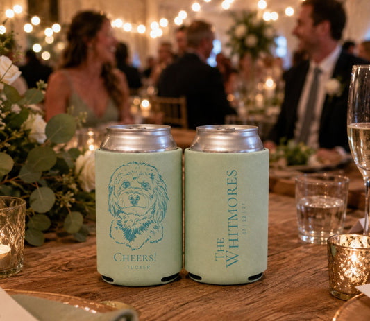 Custom pet portrait wedding favor can cooler featuring a personalized dog illustration.