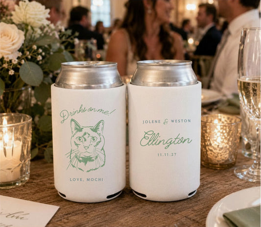 Custom cat portrait wedding favor can cooler with names, wedding date, and pet-inspired artwork.