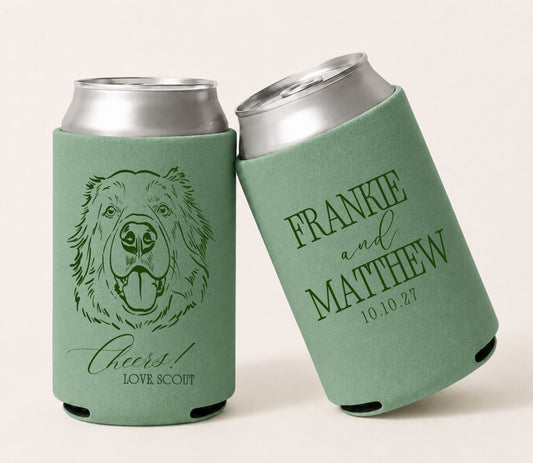 Sage green personalized foam wedding can coolers featuring a custom hand drawn dog portrait, elegant typography, couple names, wedding date, and double-sided printing for a dog lover wedding.
Sage green personalized hand drawn dog wedding can cooler with custom pet portrait and couple names.
Custom dog portrait beer can sleeve featuring elegant wedding typography and wedding date.
Personalized hand drawn dog illustration wedding favor for dog-loving couples.
Premium foam wedding can cooler featuring a c