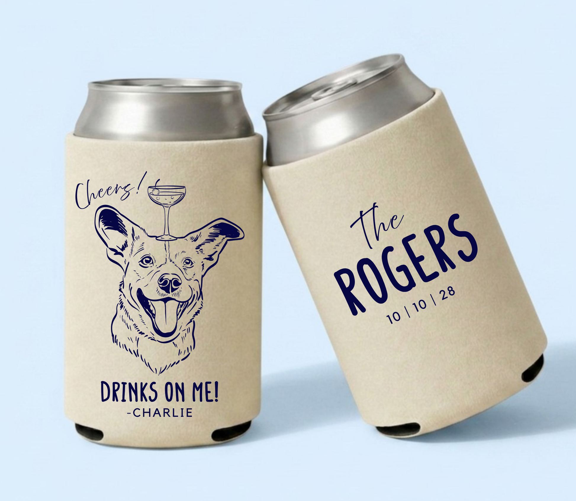 Personalized dog wedding can cooler
Drinks on me pet wedding favor
Custom dog portrait can sleeve
Fun colorful wedding can cooler