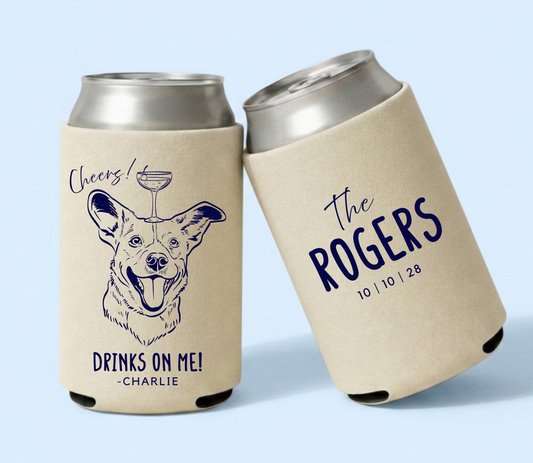 Personalized dog wedding can cooler
Drinks on me pet wedding favor
Custom dog portrait can sleeve
Fun colorful wedding can cooler