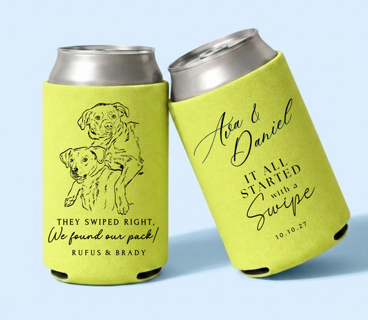 Wedding can cooler with multiple dog portraits
Personalized pet illustration can cooler wedding favor
Dog lover wedding drink cooler custom design
Multiple pets wedding can cooler with text