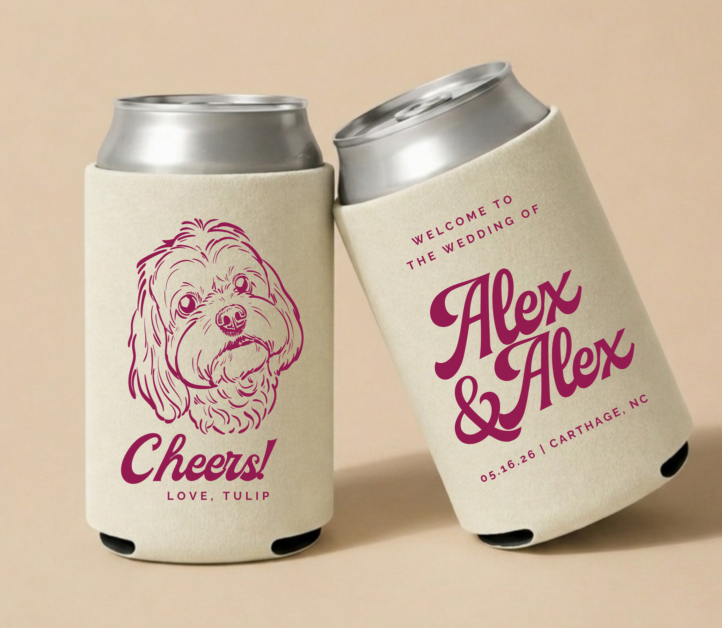 Personalized wedding can cooler with dog portrait
Custom pet illustration can cooler wedding favor
Dog lover wedding drink cooler with names
Script style wedding can cooler custom design