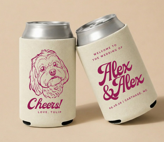 Personalized wedding can cooler with dog portrait
Custom pet illustration can cooler wedding favor
Dog lover wedding drink cooler with names
Script style wedding can cooler custom design