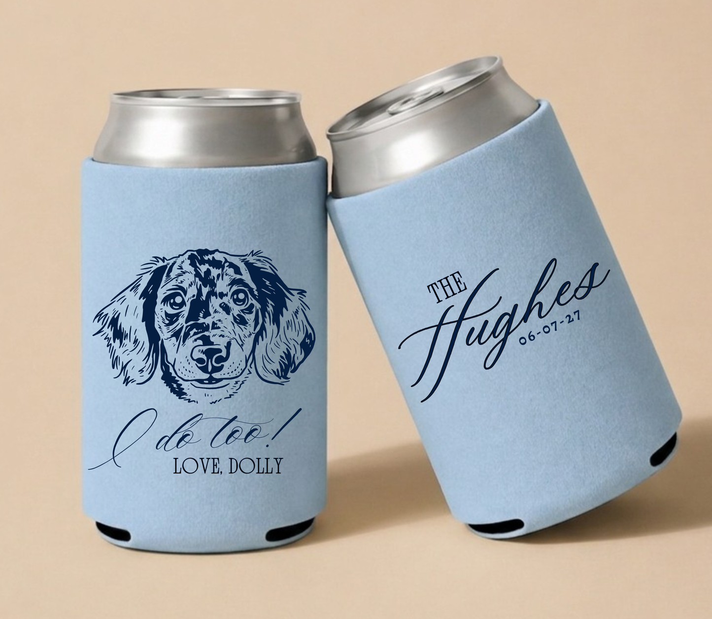 Custom dog wedding can cooler with portrait
Personalized dog illustration wedding favor
Custom pet can cooler wedding design
Dog themed wedding drink holder
