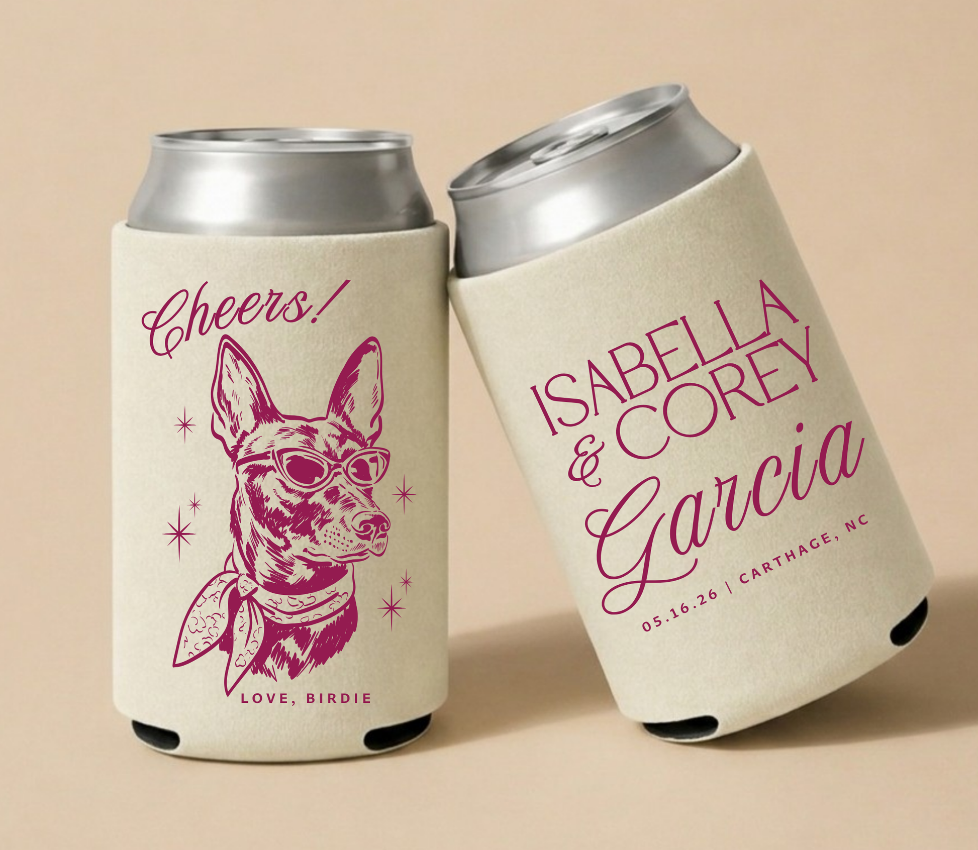 Stylish dog wedding can cooler with sunglasses portrait
Custom pet illustration wedding favor modern design
Personalized dog can cooler unique wedding gift
Fashion dog wedding drink holder design