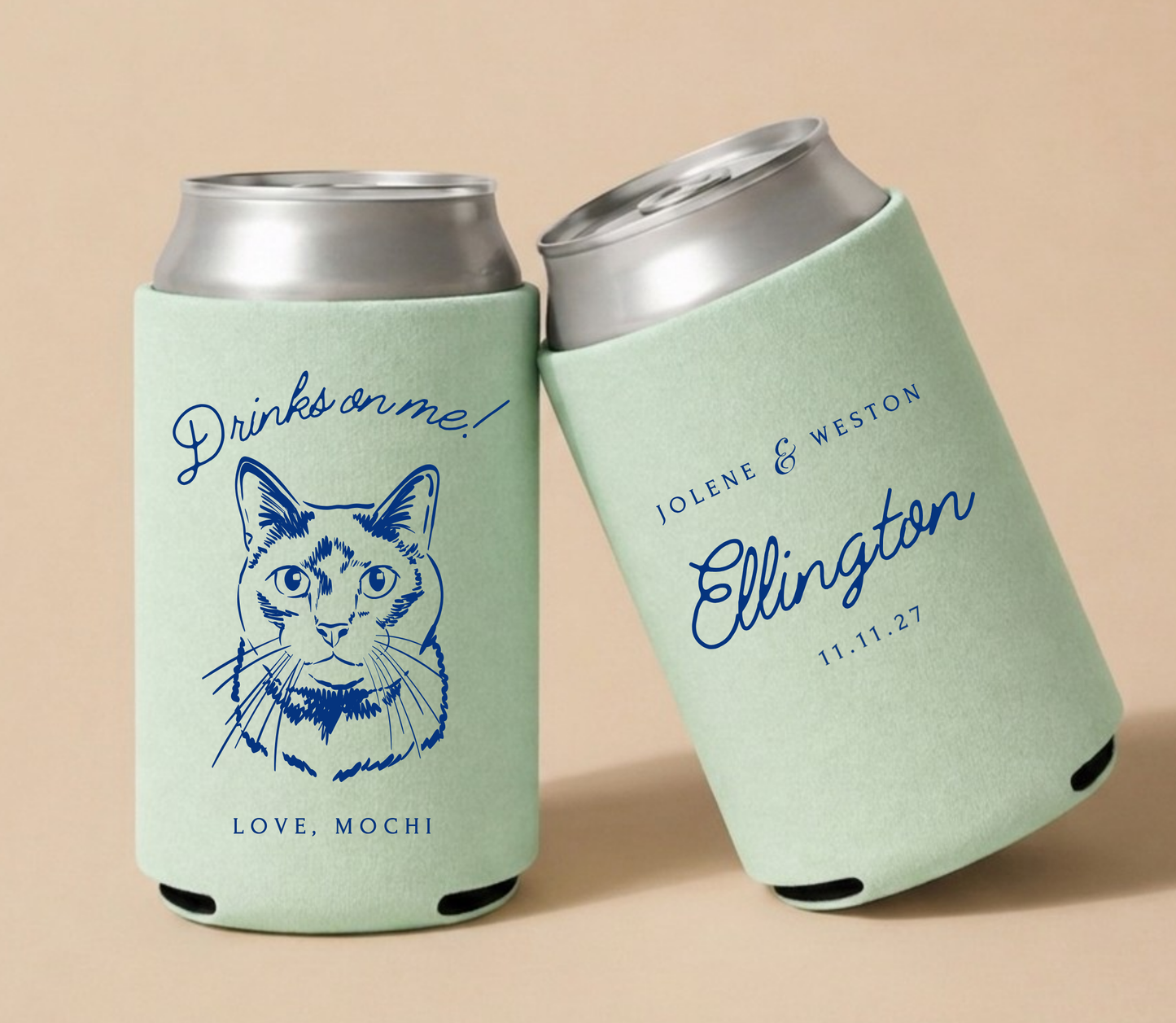 Custom cat wedding can cooler with portrait
Personalized cat illustration wedding favor
Custom pet can cooler cat design
Cat themed wedding drink holder