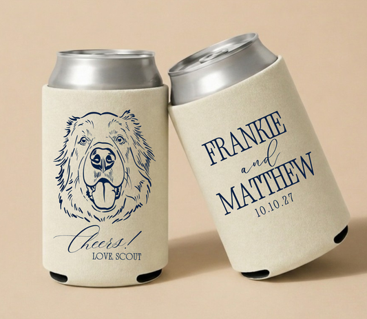 Custom dog wedding can cooler with portrait
Personalized dog illustration wedding favor
Custom pet can cooler bold text design
Dog themed wedding drink holder