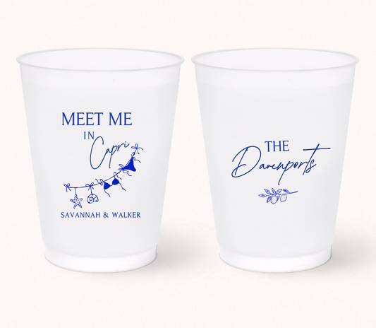 Custom Capri wedding frosted cups
Italian destination wedding cups
Meet Me In Capri wedding favor
Personalized coastal wedding cups
Mediterranean wedding frosted drinkware
Beach wedding cups with names and details