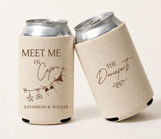 Personalized Capri wedding can coolers featuring coastal-inspired artwork with custom couple's names for an Italian destination wedding.