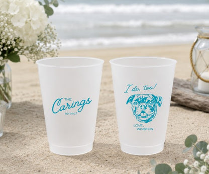 Personalized pug wedding frosted cups featuring custom pug portrait family name and wedding date