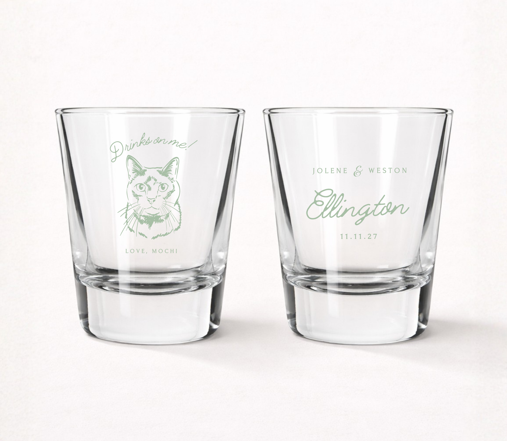 Clear personalized wedding shot glasses featuring a custom cat portrait illustration, pet name, couple names, family surname, and wedding date.