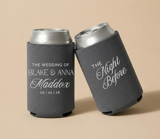 Charcoal personalized foam wedding can coolers featuring custom names Blake and Anna Maddox with elegant "The Night Before" typography and wedding date May 5, 2028.