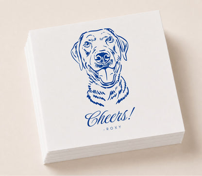 Custom pet portrait wedding napkin featuring a dog illustration with Cheers wording and personalized pet name