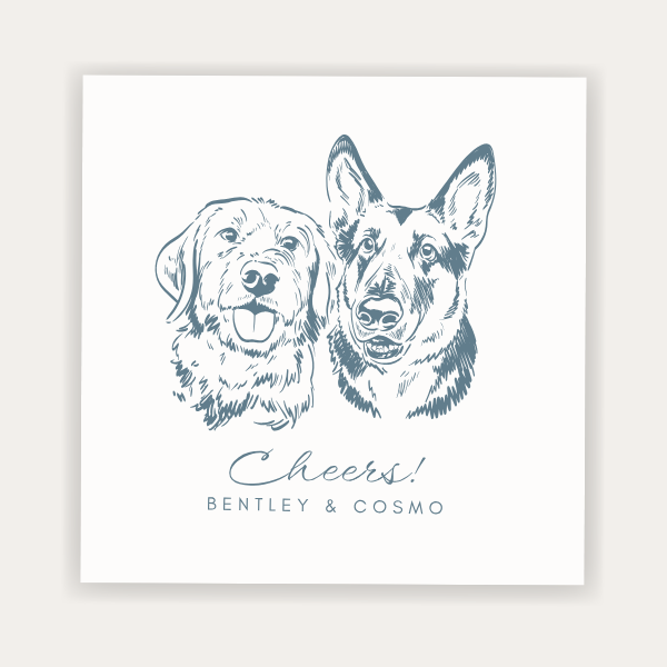 Custom pet portrait wedding napkin featuring multiple dog illustrations with Cheers wording and personalized pet names
