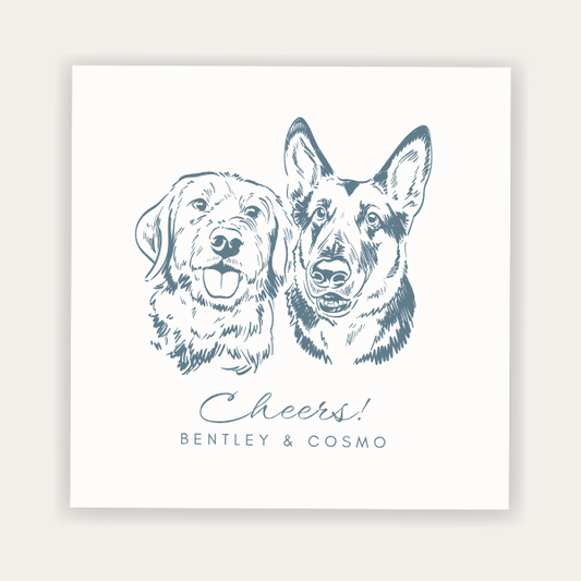 Custom pet portrait wedding napkin featuring multiple dog illustrations with Cheers wording and personalized pet names