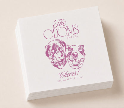 Custom pet portrait wedding napkin featuring two dog illustrations with Cheers wording, pet names, and personalized wedding details
