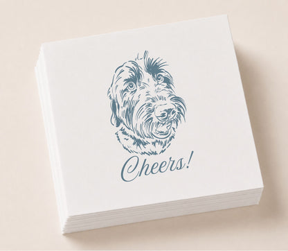 Custom pet portrait cocktail napkin featuring a personalized dog illustration and cheers design